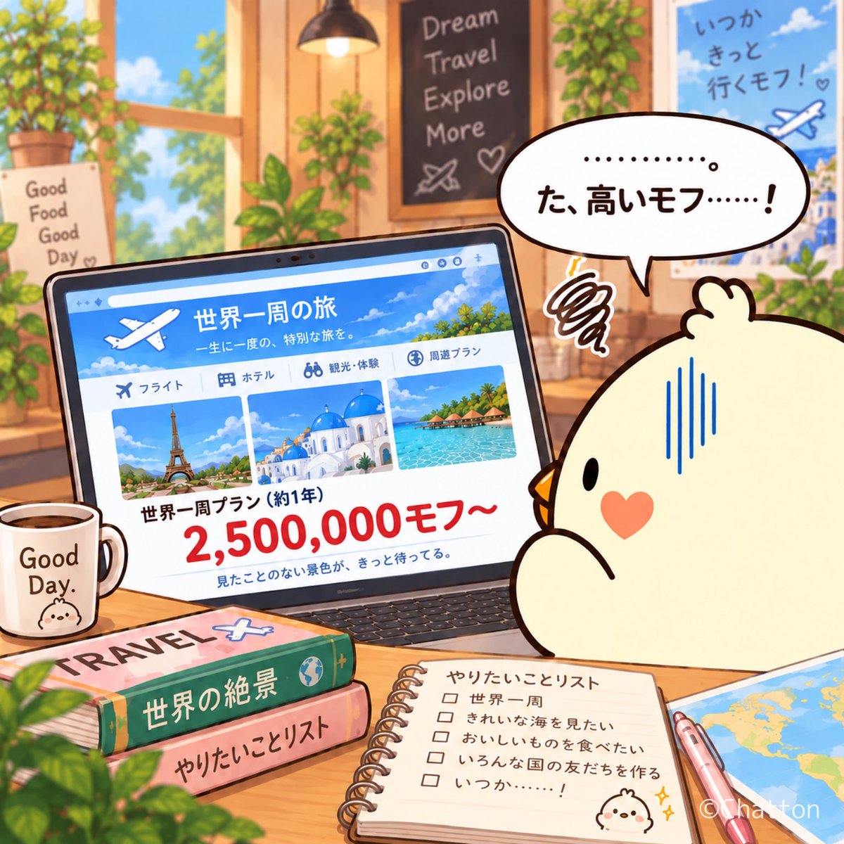 chatton_mofu's tweet photo. いつかきっと必ず叶えるモフ🌏🐥✈️
 #ちゃっとん https://t.co/dm2w4WwxTu