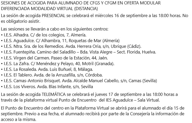 IESaguadulce's tweet photo. A continuación se comunican las fechas en las que se van a celebrar las sesiones de acogida para el alumnado matriculado en ciclos formativos de grado superior y grado medio en oferta modular diferenciada modalidad virtual (distancia) para el curso 2026/2027. https://t.co/9fyrdOOqik