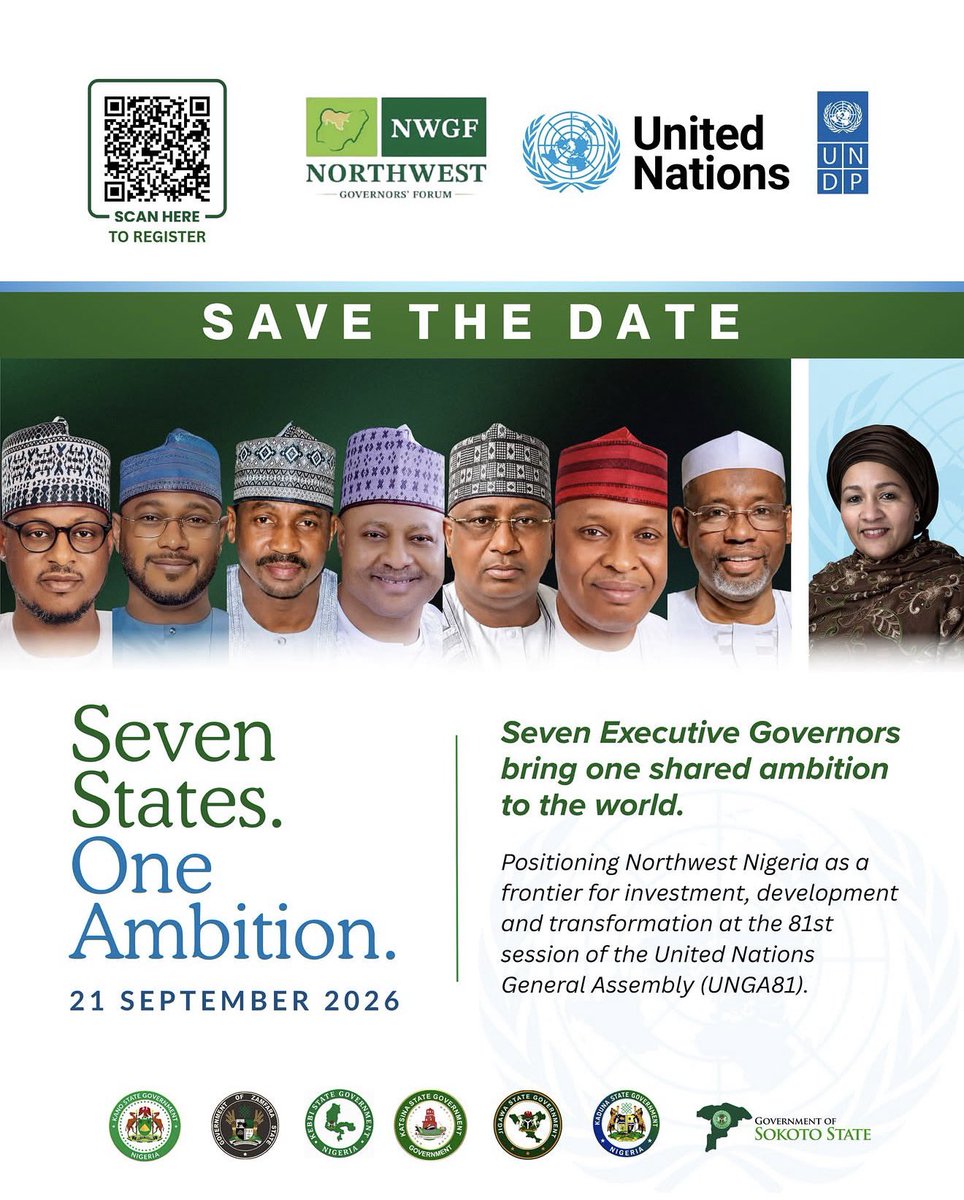 BashirAhmaad's tweet photo. On 21 September, at the United Nations General Assembly, governors from the seven states of the North West will take the global stage at #UNGA81 to present one shared ambition, positioning Northwest Nigeria as a frontier for investment, development and transformative growth.

Home to more than 60 million people, with vast economic potential and a unified regional vision, North West calls on global investors and development partners to match this ambition with the capital, expertise and long-term partnerships needed to deliver transformation at scale.