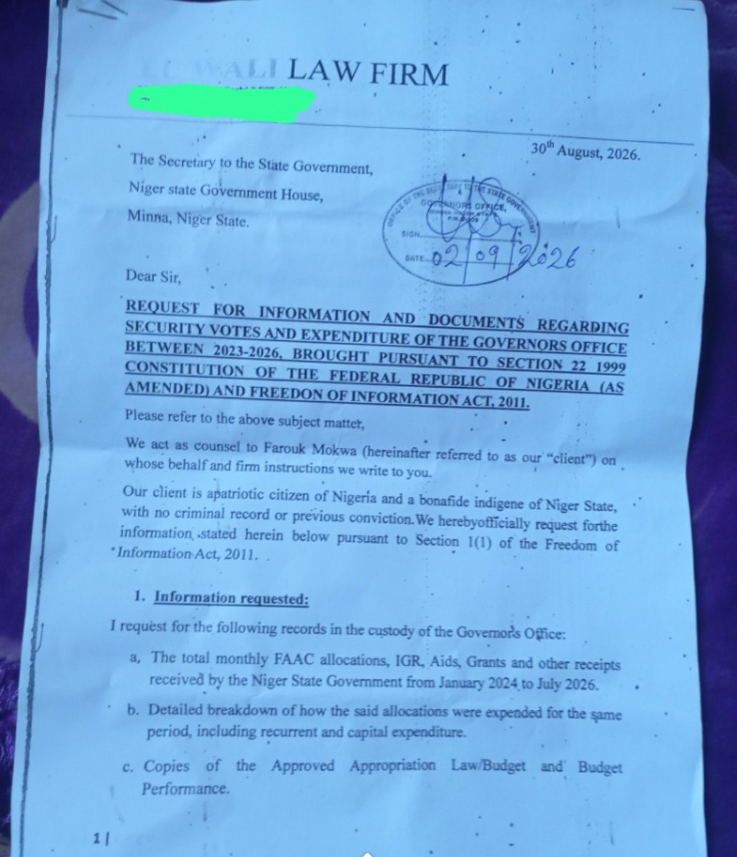 Ubando001's tweet photo. Breaking news 

I concern citizen Faruk Makwa @Farouk_Mokwa has officially submitted a Freedom of Information (FOI) Request to the administration of His Excellency, Mohammed Umaru Bago, @HonBago.

The request has been duly submitted, and we are now awaiting an official response from the administration.

Transparency, accountability, and access to public information are essential pillars of good governance. 

We hope the request will receive the necessary attention and a timely response in accordance with the provisions of the Freedom of Information 
Act.

The public will be updated as developments unfold.