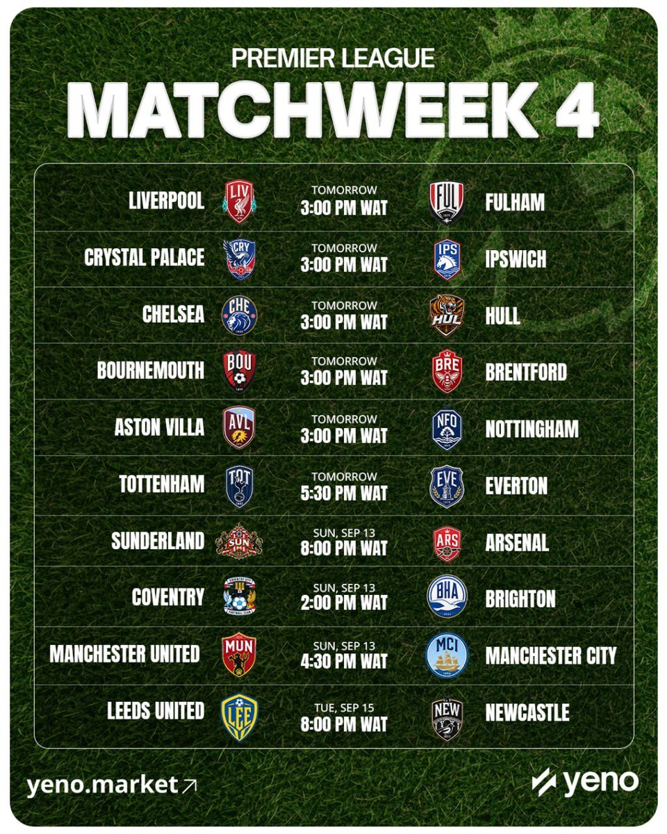 YeNoMarkets's tweet photo. Premier League Matchweek 4 action is here, featuring the Manchester Derby and high stakes clashes across the board

Predict the winners and place your positions now on https://t.co/3sQzTFaBqX
Which fixture are you backing this weekend? 

Drop your predictions below 👇 https://t.co/1EiArp9btk