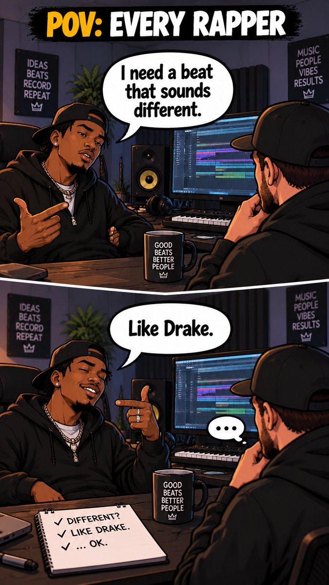 dawidbehrens1's tweet photo. โI need a beat that sounds different.โ
โLike Drake.โ ๐๐น
#RapBeats #HipHopBeats #Rapper #RapMusic #HipHop #MusicProducer #BeatMaker #TypeBeat #RapArtist #BeatsForRappers #HipHopProducer #RapProducer #BeatMaking #HipHopMusic #MusicProduction https://t.co/m1BbxkXwtF