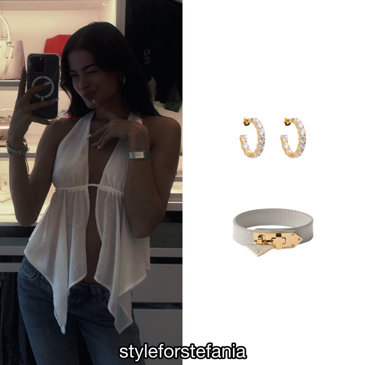 YuKnapeolq's tweet photo. @stefania_ is wearing a Bershka top (€15. 99), Bershka jeans (€35. 99), Franky Amsterdam earrings (€74), and a Prada leather bracelet (€510). https://t.co/AhQIogxMBV