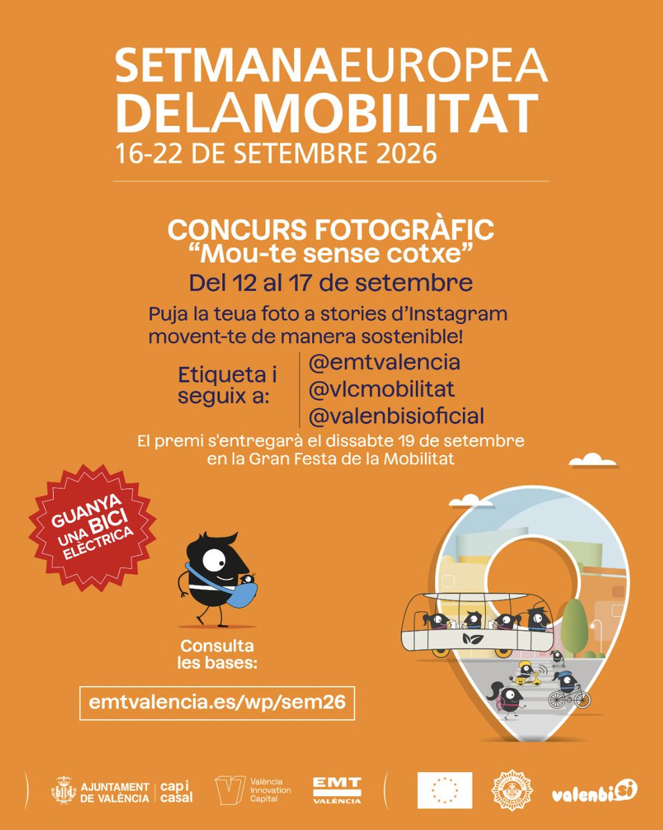 Semana Europea de la Movilidad 16–22 sept '26. Concurso "Mou-te sense cotxe" 12–17 sept: sube stories en Instagram; premio: bici eléctrica.