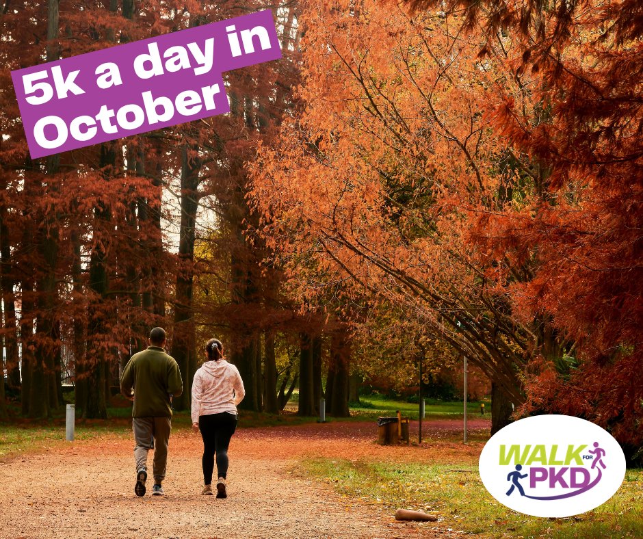 PKDCharity's tweet photo. Turn your steps into sponsorship and support PKD Charity this October, by setting yourself the goal of walking 5K a day.

There are lots of ways you could do it:

🚶‍♀️ Lunchtime walk to break up your day

🐕‍🦺 Get the dog involved for walkies

🚸 Walk the school run

You can download our helpful activity tracker to help you keep tabs on how far you have done. So if you don't have time to do it all in one go, you can split it up throughout the day. It really is up to you, but the important thing is to get moving! 

To take part, all you need to do is set up a JustGiving page and wait for October 1. 
Find out more and sign up on our website.
https://t.co/byoED8A5vE