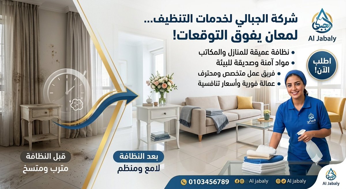 hoss2018's tweet photo. الراحة والنظافة في مكان واحد.. مع شركة الجبالي!
بلاش تشيل هم التنظيف بعد النهاردة! سواء بتجهز شقتك ، أو عايز بيئة عمل نظيفة ومنظمة في مكتبك، إحنا بنوفرلك أعلى مستوى من النظافة والتعقيم بأحدث الأجهزة وآمن المواد.

📞 تواصل معنا الآن وحس بالفرق بنفسك!
رقم التواصل: 01020405044 https://t.co/U68XkRWdJR