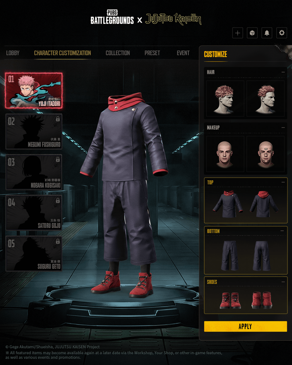 PUBG's tweet photo. Say hello to Erangel High's newest sorcerers. Class starts now.
PUBG x JUJUTSU KAISEN collaboration available for a limited time only.

#PUBG #BATTLEGROUNDS #PUBGxJujutsuKaisen https://t.co/iAjfWpUiW4