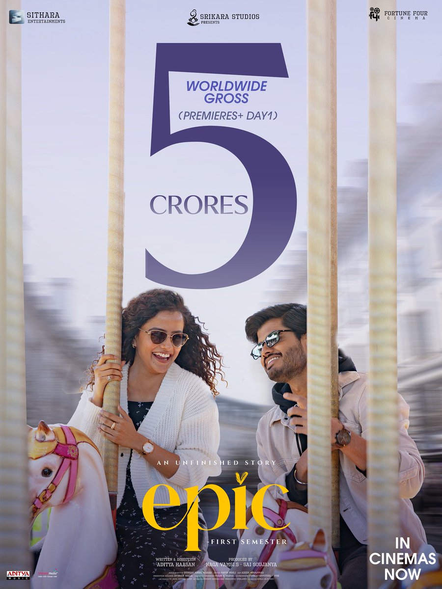 SitharaEnts's tweet photo. A beautiful beginning to an EPIC journey 💥💥

Premieres + Day 1 
Worldwide Gross 5 CRORES+  ❤️🫶🏻

Celebrate the beautiful slice of life #EPIC has in store for everyone this weekend 😍 

#EPICBlockbuster 
Book your tickets 🎟️
https://t.co/zMQRMbzcQk

#AnandDeverakonda #AdityaHasan @vamsi84 @Iamvaishnavi04 @HeshamAWMusic @NavinNooli #SaiSoujanya #AzeemMohammad @artkolla @Phanikvarma @Venkatupputuri @VasiReddy1905 @SitharaEnts @Fortune4Cinemas #SrikaraStudios @adityamusic