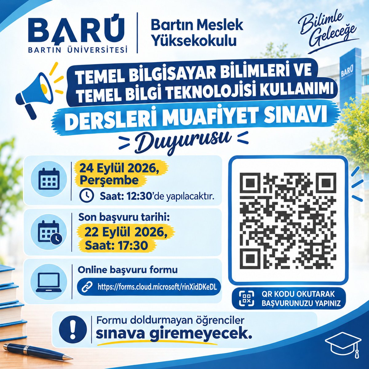 BaruBilTek's tweet photo. Temel Bilgisayar Bilimleri ve Temel Bilgi Teknolojileri Kullanımı Dersleri Muafiyet Sınavları

Temel Bilgisayar Bilimleri ve Temel Bilgi Teknolojileri Kullanımı Dersleri Muafiyet Sınavına başvuru için https://t.co/XUikAUY3DX tıklayınız. https://t.co/lg3NW5cRYL