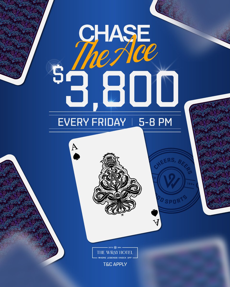 LisbethWhe0c5's tweet photo. $3, 800 is up for grabs this Friday. Chase the Ace returns from 5:00 p. m. to 8:00 p. m. https://t.co/ESmbZiJ9ac