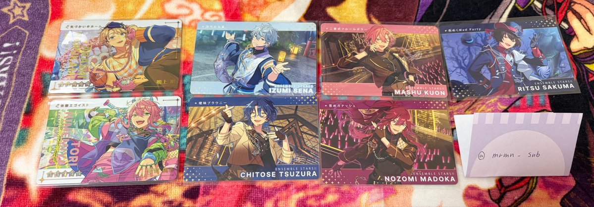 mrmn_snb's tweet photo. あんスタ カードダス vol1交換
出
R 桃李 嵐
N 泉 舞珠 チトセ 望見 凛月 鉄虎 桃李 ゆうた 渉

求 R 忍(Nは希望数集まったため求めておりません)

N2(此方)↔️R1可能ですが
1枚目Nは2枚目N1枚含めたお取引を希望しております

検索からでもお気軽にお声がけ下さい！ https://t.co/TMbvamGbih