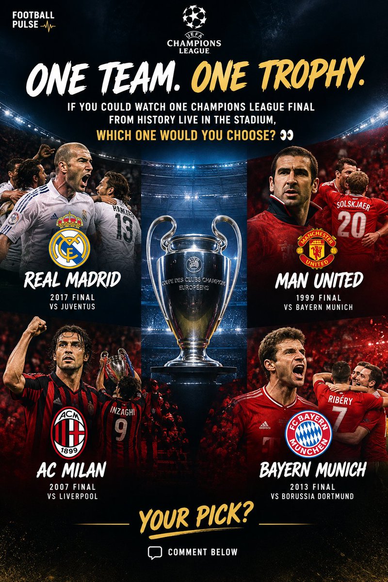 DavidBekham0's tweet photo. 🚨🏆 ONE TEAM. ONE TROPHY.

If you could watch ONE Champions League final from history live in the stadium, which one would you choose? 👀

🇪🇸 Real Madrid

🇬🇧 Man United

🇮🇹 AC Milan

🇩🇪 Bayern Munich

Your pick? 👇 https://t.co/YtEFer1t4U