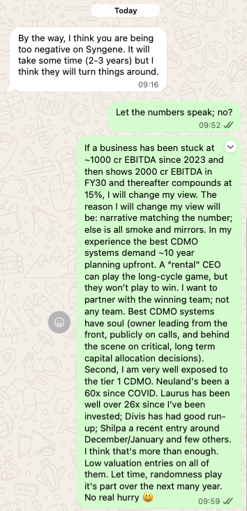 unseenvalue's tweet photo. Sticking my neck out in public on #Syngene.

I think the numbers will eventually speak louder than the narrative. https://t.co/bErz2SXZck