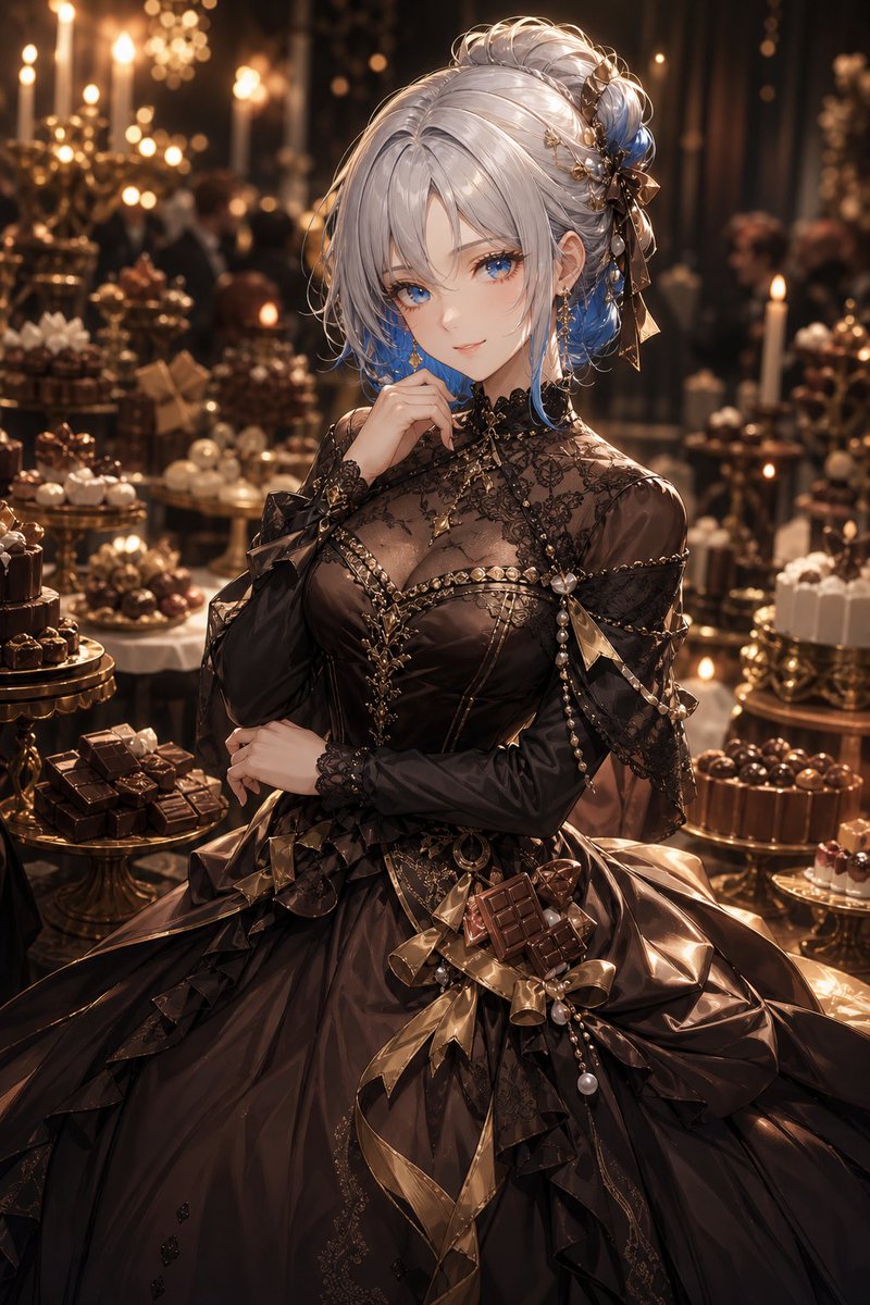 oteranosekai's tweet photo. 【第16回夜会の2日目開催】  
9月11日（金）、9月12日（土）、9月13日（日）開催。  
毎晩19時～24時まで夜会を開催します。  
（この時間に投稿してください、という意味です） 
夜会専用バックミュージックはこちら
▶️https://t.co/6nuAtZ7mAW

今回のテーマは、 「お菓子の国の夜会」 

投稿される衣装のプロンプトは、今回も毎晩異なります。  
9/11は「プリンセス・パフェドレス」 
9/12は「ショコラ・ノワールドレス」  
9/13は「虹色キャンディドレス」  
となります。  

参考例として、それぞれの天使衣装のイラストを紹介しますが、ご自分で衣装を自由に考えてもらっても構いません！  

テーマ【お菓子の国の夜会】 
・過去のドレスを着用可能です！女性キャラ限定  
・重要なのは夜会への参加です。  
・自分でプロンプトを作成できない人のために掲載しています。
・プロンプトを使う人はフォロー必須です。通知が来ないので、参加を確認できないからです 
・自由に使って構いませんが、これはX専用の話です。  
・他のツールや商業利用に関するプロンプトの無断開示は禁止されています。 
・誰とでもコラボ出来るというルールのため、それを前提にご参加ください。  
・男性キャラの参加は禁止しています。（私のプロンプトが女性用衣装だからです。）  
・プロンプトは下部に記載されています。  
・キャラクターの「名前」も含めてください。  
・センシ判定の方お断り  
・投稿数：1人につき5枚までですが、コラボは除く 
・ハッシュタグは以下の通り  
#夜会開催 #プロンプト試着 #お菓子の国の夜会2
（3つ必須です） 
・追加のハッシュタグはお任せです。  

コメントの遅れがあったらご容赦ください。
3枚目と4枚目はHIXAIさん（https://t.co/y5GUxfVfOo）で生成しています。ツール差を確認してください。

Cinematic photo of a noble woman wearing a breathtaking chocolate noir evening gown, attending an elegant dessert-themed night party. The top is a graceful dark chocolate silk bodice with intricate black lace, delicate gold embroidery, a refined high neckline, and elegant long sleeves with lace-trimmed cuffs. The bottom is a voluminous floor-length chocolate-brown silk skirt layered with dark chiffon and subtle ruffles, creating a sophisticated yet charming silhouette. Elegant golden ribbons, small chocolate-inspired ornaments, pearl accents, and delicate cocoa motifs complete the luxurious appearance. The lighting is warm and dramatic, casting beautiful highlights across the silk, lace, gold embroidery, and rich chocolate-colored details. Masterpiece, highly detailed, professional photography, depth of field.