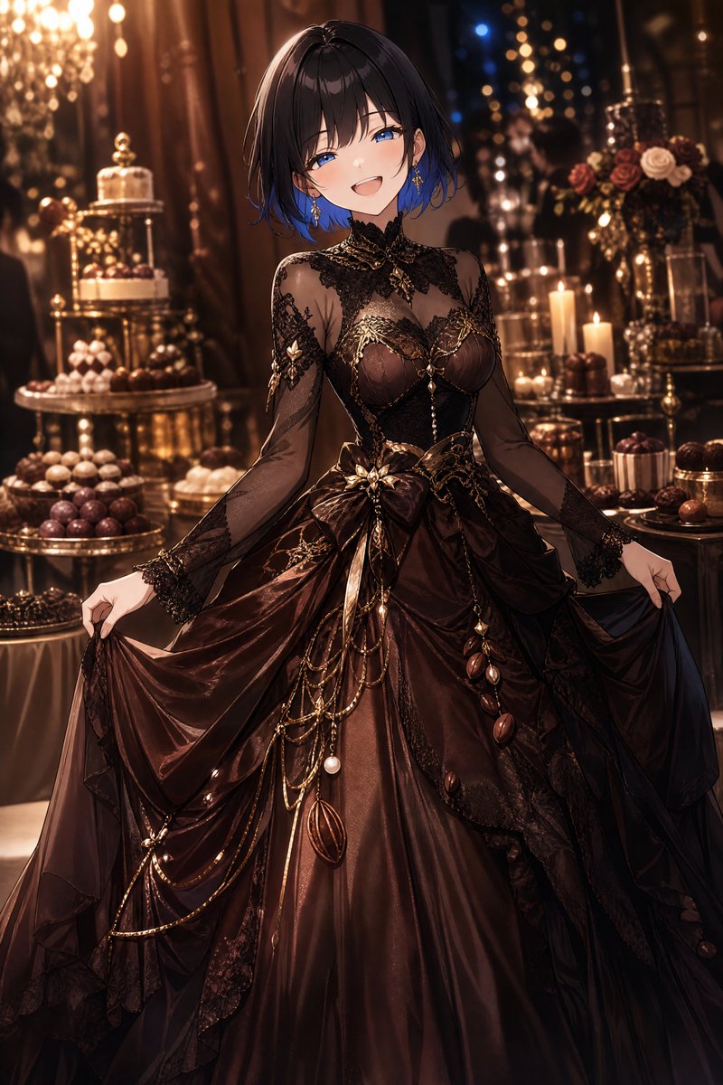 oteranosekai's tweet photo. 【第16回夜会の2日目開催】  
9月11日（金）、9月12日（土）、9月13日（日）開催。  
毎晩19時～24時まで夜会を開催します。  
（この時間に投稿してください、という意味です） 
夜会専用バックミュージックはこちら
▶️https://t.co/6nuAtZ7mAW

今回のテーマは、 「お菓子の国の夜会」 

投稿される衣装のプロンプトは、今回も毎晩異なります。  
9/11は「プリンセス・パフェドレス」 
9/12は「ショコラ・ノワールドレス」  
9/13は「虹色キャンディドレス」  
となります。  

参考例として、それぞれの天使衣装のイラストを紹介しますが、ご自分で衣装を自由に考えてもらっても構いません！  

テーマ【お菓子の国の夜会】 
・過去のドレスを着用可能です！女性キャラ限定  
・重要なのは夜会への参加です。  
・自分でプロンプトを作成できない人のために掲載しています。
・プロンプトを使う人はフォロー必須です。通知が来ないので、参加を確認できないからです 
・自由に使って構いませんが、これはX専用の話です。  
・他のツールや商業利用に関するプロンプトの無断開示は禁止されています。 
・誰とでもコラボ出来るというルールのため、それを前提にご参加ください。  
・男性キャラの参加は禁止しています。（私のプロンプトが女性用衣装だからです。）  
・プロンプトは下部に記載されています。  
・キャラクターの「名前」も含めてください。  
・センシ判定の方お断り  
・投稿数：1人につき5枚までですが、コラボは除く 
・ハッシュタグは以下の通り  
#夜会開催 #プロンプト試着 #お菓子の国の夜会2
（3つ必須です） 
・追加のハッシュタグはお任せです。  

コメントの遅れがあったらご容赦ください。
3枚目と4枚目はHIXAIさん（https://t.co/y5GUxfVfOo）で生成しています。ツール差を確認してください。

Cinematic photo of a noble woman wearing a breathtaking chocolate noir evening gown, attending an elegant dessert-themed night party. The top is a graceful dark chocolate silk bodice with intricate black lace, delicate gold embroidery, a refined high neckline, and elegant long sleeves with lace-trimmed cuffs. The bottom is a voluminous floor-length chocolate-brown silk skirt layered with dark chiffon and subtle ruffles, creating a sophisticated yet charming silhouette. Elegant golden ribbons, small chocolate-inspired ornaments, pearl accents, and delicate cocoa motifs complete the luxurious appearance. The lighting is warm and dramatic, casting beautiful highlights across the silk, lace, gold embroidery, and rich chocolate-colored details. Masterpiece, highly detailed, professional photography, depth of field.