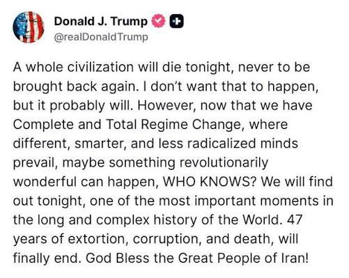 Big_Mck's tweet photo. What did Uju Anya say that is worse than this from a sitting President of the United States? I hope you know that those hounding Uju today and pretending to have suddenly realized where to draw the line, the same people influencing you to say this, including the owner of this app, all supported Trump when he threatened to wipe out “a whole civilization.”

Regardless of how anyone feels about Uju Anya, it will be f00lish to join those who are hounding her, because this is white supremacy doing what white supremacy does - provoke you into a reaction, then use that reaction to score cheap far-right political points. The mistake you will make is allowing these folks to exercise moral authority over you. 

How many of them who “crossed the line” with Epstein have been punished?