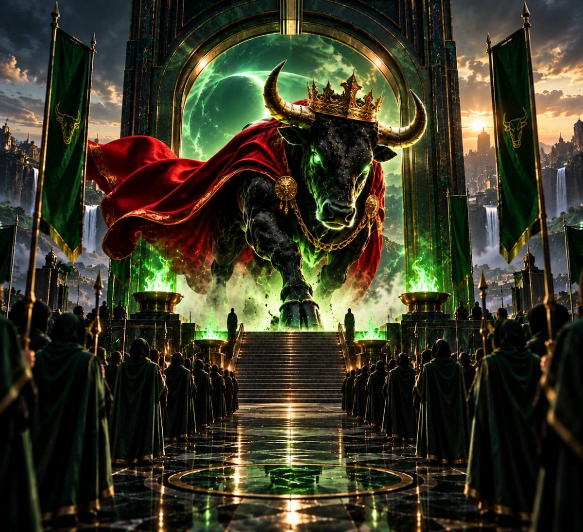 loveansem's tweet photo. You don't fight for territory when you already wear the crown over the entire realm 👑

​Looking down the marble fortress as the Crowned Black Bull steps through the emerald archway under the gold LA seal, flanked by rows of silent, aligned guardians.

⚔️ The crown has been claimed. Take your place in the legion
