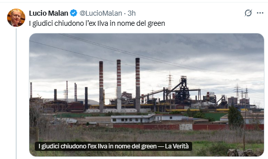 UGirovago77000's tweet photo. Chiudono l'Ilva perchè prima di tutto viene la salute.
Per rispetto alle centinaia di cittadini morti lei senatore @LucioMalan  andrebbe rinchiuso in un manicomio. https://t.co/mUHaYQPTDB