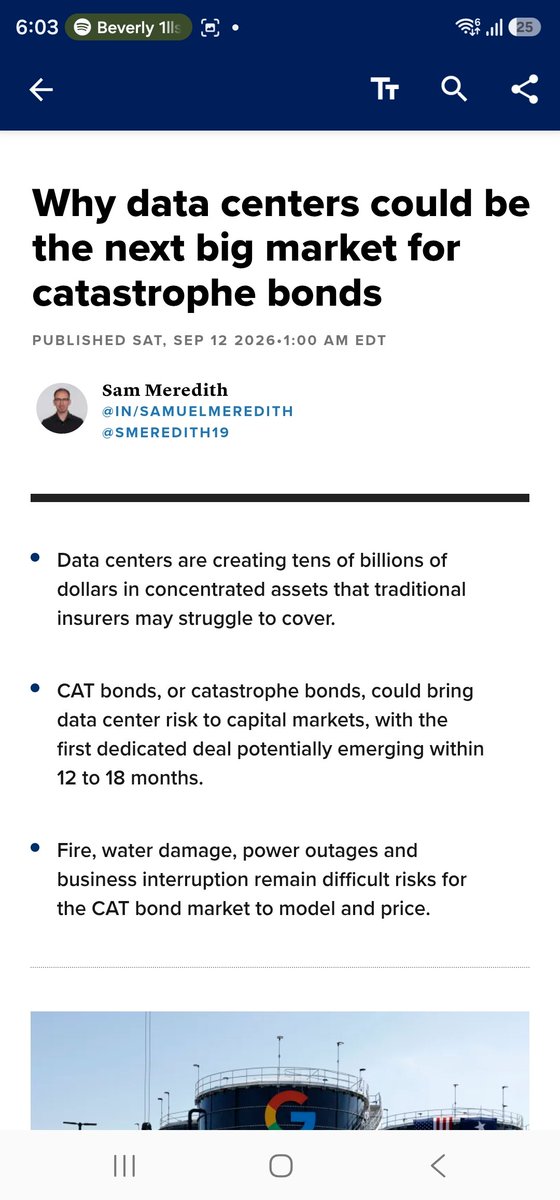JJoonWick's tweet photo. Another second-order trade emerging from the AI infrastructure boom: risk itself.

Hyperscale data centers are concentrating tens of billions of dollars of GPUs, power infrastructure and other critical assets in individual locations.

Now the insurance market has to figure out how to absorb that concentration.

CNBC reports that dedicated data-center catastrophe bonds could emerge within 12–18 months, allowing insurers to transfer some of that risk to capital markets.

The interesting part isn’t CAT bonds alone.

AI infrastructure keeps creating entirely new markets around it:

Chips → HBM → power → cooling → grid equipment → construction → insurance & risk transfer

When an investment cycle becomes this large, follow the bottlenecks created one layer downstream.

For Korea, I’d still watch power/grid and cooling infrastructure before insurance — but this is another signal of how enormous the physical AI buildout is becoming.

#AI #DataCenters #KoreaStocks #Infrastructure