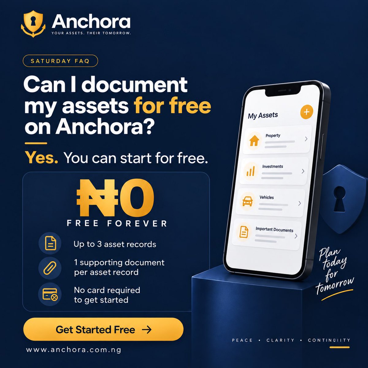 getanchora's tweet photo. Can I document my assets for free on Anchora?

Yes, you can. Anchora’s Free plan is ₦0 forever, with no card required to get started.

#Anchora #SaturdayFAQ #DocumentWhatMatters #KnowWhatYouOwn #AssetDocumentation https://t.co/a7gvg5JLp8