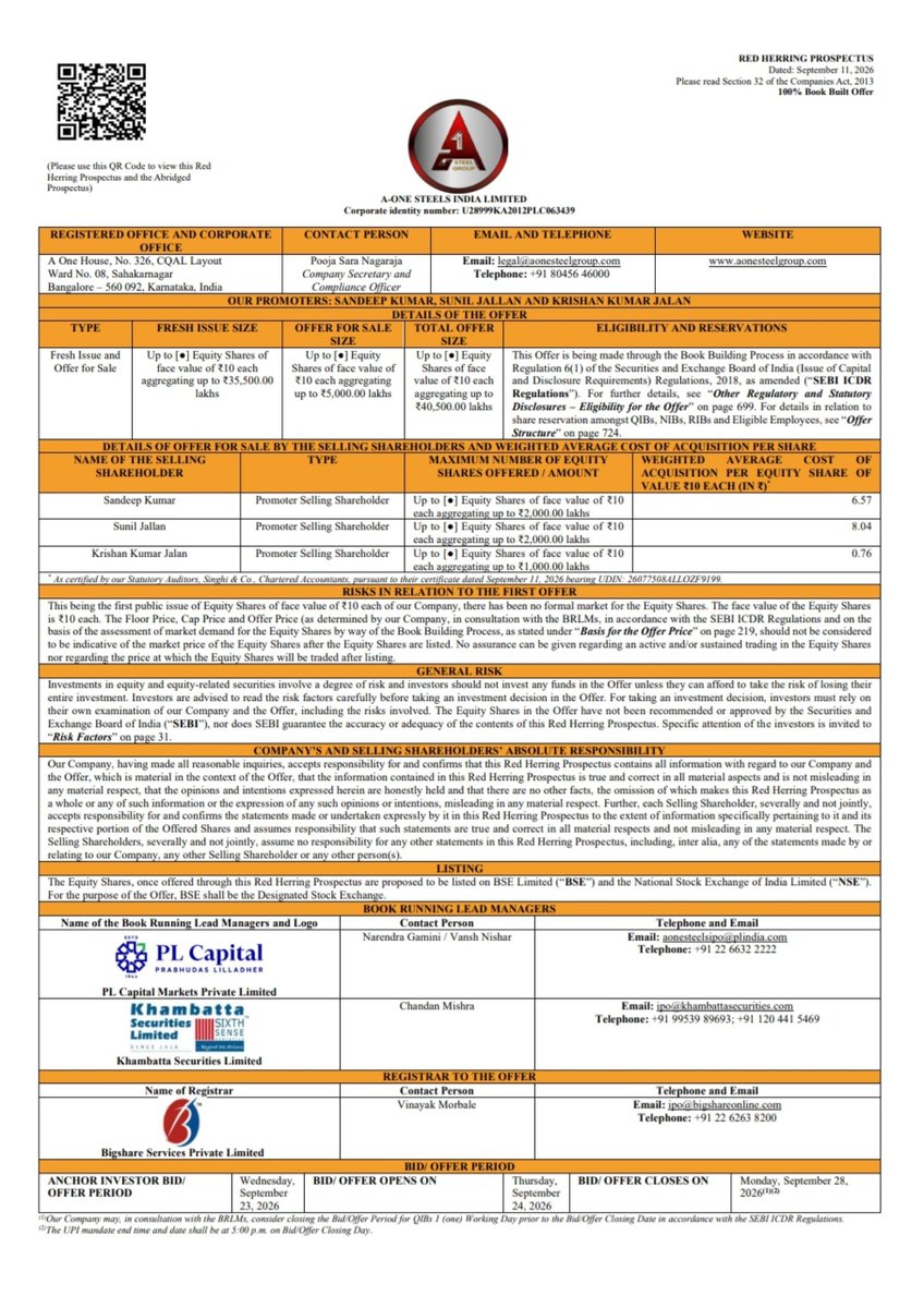 mehul_bumtaria's tweet photo. A-One Steels India Ltd (MB) IPO 🚀

🗓 Issue: 24 - 28 Sep 2026
🗓 RHP filed: 11 Sep 2026

Follow
@mehul_bumtaria

📦 Fresh : ₹355 Cr 
📦 OFS : ₹50 Cr 
📦 Retail: 35%

LM : PL Capital, Khambatta Securities https://t.co/4LPUrjYigv