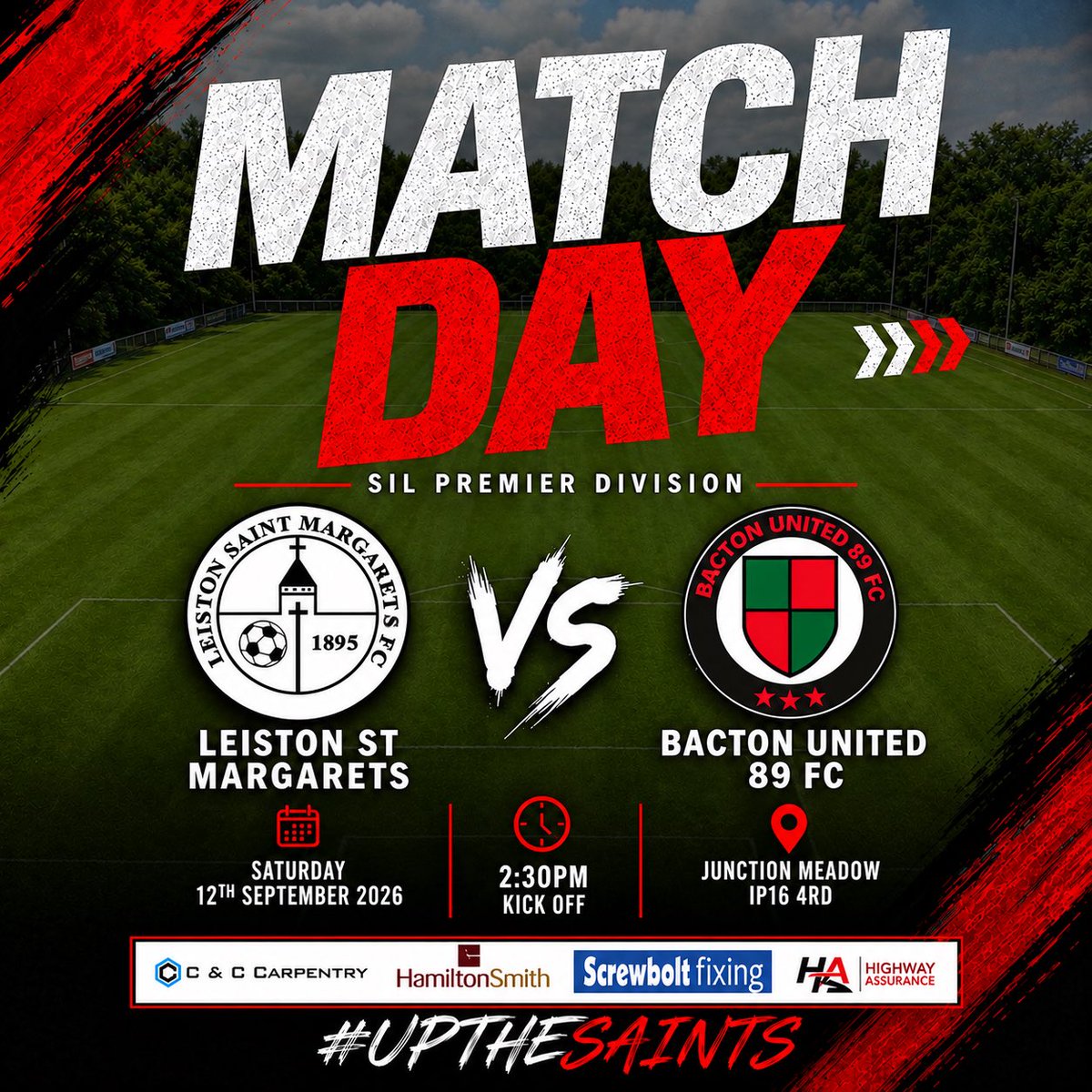 LSMFC's tweet photo. Matchday 🏆

📆 12th September 2026
⏰ 2:30PM  
🆚 Bacton United 89 FC
🏆 SIL Premier Division 
🏟️ Junction Meadow

#UpTheSaints #Matchday #SIL https://t.co/MS7Z1zLfuF