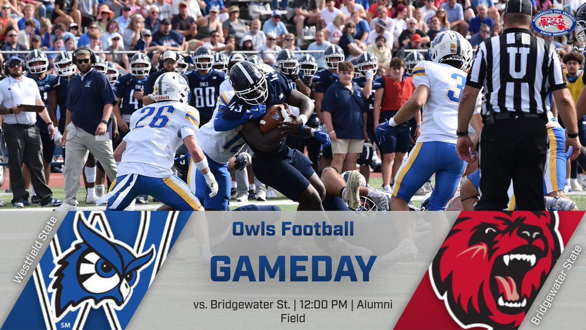 WestfieldOwls's tweet photo. MASCAC Showdown! The Owls take the field in the 2026 home opener where Westfield State take on the Bears of Bridgewater State! Kickoff is set for Saturday, September 12th at 12:00pm! Come support or visit https://t.co/9xKzYuuaRP for video and live stats #LetsGoOwls https://t.co/43jdqQzYby