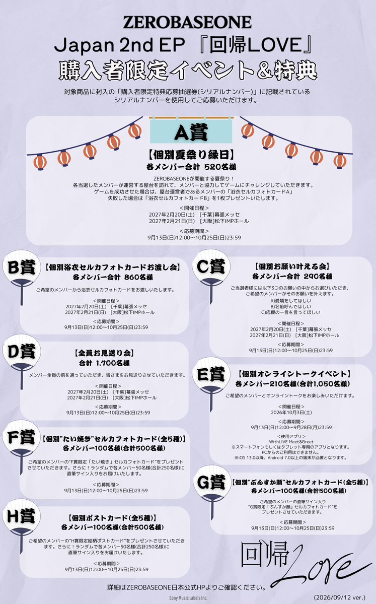 ZB1_jp's tweet photo. ZEROBASEONE Japan 2nd EP
 『回帰𝐿𝑂𝑉𝐸』 🎐

「購入者限定イベント&特典応募抽選券(シリアルナンバー)」の詳細が決定🩵🌻

📅応募期間 
①E賞【個別オンライントークイベント】
9月13日(日)12:00~9月28日(月)23:59

②その他各賞
9月13日(日)12:00~10月25日(日)23:59
※応募抽選券記載の応募締め切りと異なりますのでご注意ください。

▶A賞【個別夏祭り縁日】
▶B賞【個別浴衣セルカフォトカードお渡し会】
▶C賞【個別お願い叶える会】
▶D賞【全員お見送り会】
▶E賞【個別オンライントークイベント】
▶F賞【個別”たい焼き”セルカフォトカード(全5種)】
▶G賞【個別”ぷんすか顔”セルカフォトカード(全5種)】
▶H賞【個別ポストカード(全5種)】

🔗https://t.co/KX497IKSps

イベントの調整に伴い、ご案内までお時間���いただき誠に申し訳ございません。

#ZEROBASEONE #ZB1
#回帰LOVE
#イグジステンス #ZEROBASEONE_イグジステンス