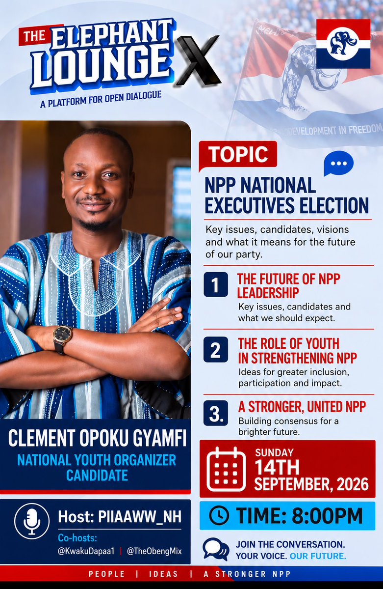 PIIIAAWW_NH's tweet photo. Fellow Patriots, You are warmly invited to join The Elephant Lounge X tomorrow for an engaging discussion with Kwame Poku CID, National Youth Organizer Candidate.

Come with your questions, ideas and perspectives. 🔥🔥🔥 https://t.co/RiQyxSk0Fj