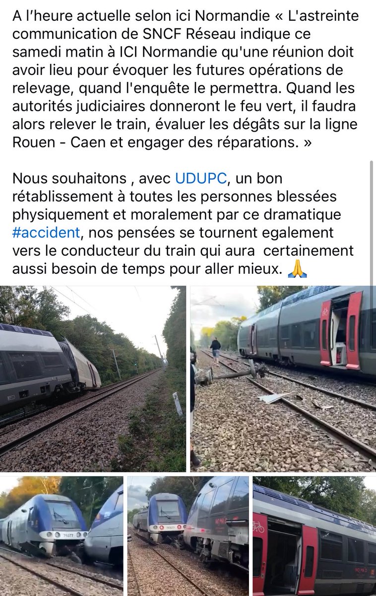 UsagersSNCF's tweet photo. ⚠️ 📣 #Deraillement sur l’axe Rouen/Caen #AccidentFerroviaire 
#CommunicationAssociations 

@udupc14 @train_nomad @RegionNormandie @collectif_udurn https://t.co/I4n1AoPV5i
