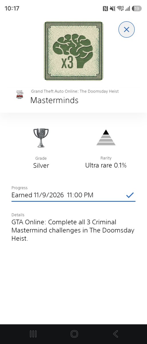 David_B2204's tweet photo. Not a platinum but a proud trophy to share.

Not for the first time, managed to complete the criminal mastermind challenges in GTA. Great fun completing this with friends. Now to finish the level 100 grind 💪 

#PlaystationTrophy #PS5Share #GTAV https://t.co/nBEggVLSnL