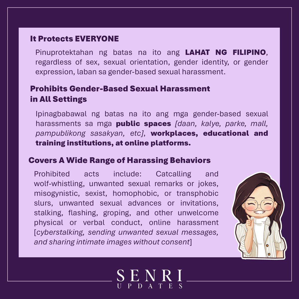 SenRiUpdates's tweet photo. #BatasNiSenRi

RA 11313 or Safe Spaces Act ["Bawal Bastos" Law]

This law was authored and principally sponsored by Sen Risa in the Senate. On April 17, 2019, the measure was signed into law and took effect on August 3, 2019.

It expands the Anti-Sexual Harassment Act of 1995. https://t.co/HMGqc6EO4B