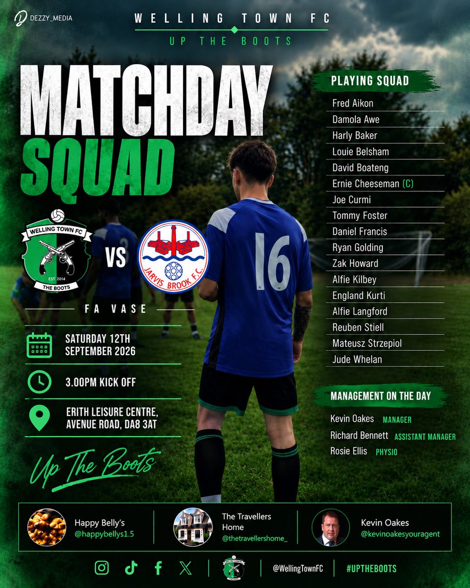 WellingTownFC's tweet photo. 🏆 FA VASE MATCHDAY

Welling Town 🆚 @JARVISBROOKFC 
📅 Saturday 12th September
⏰ 3PM
📍 Erith Leisure Centre

Cup football. One objective - get into the next round. 💪🟢⚫️

UP THE BOOTS! 🥾

#WellingTownFC #FAVase https://t.co/iNpr6FsVFJ