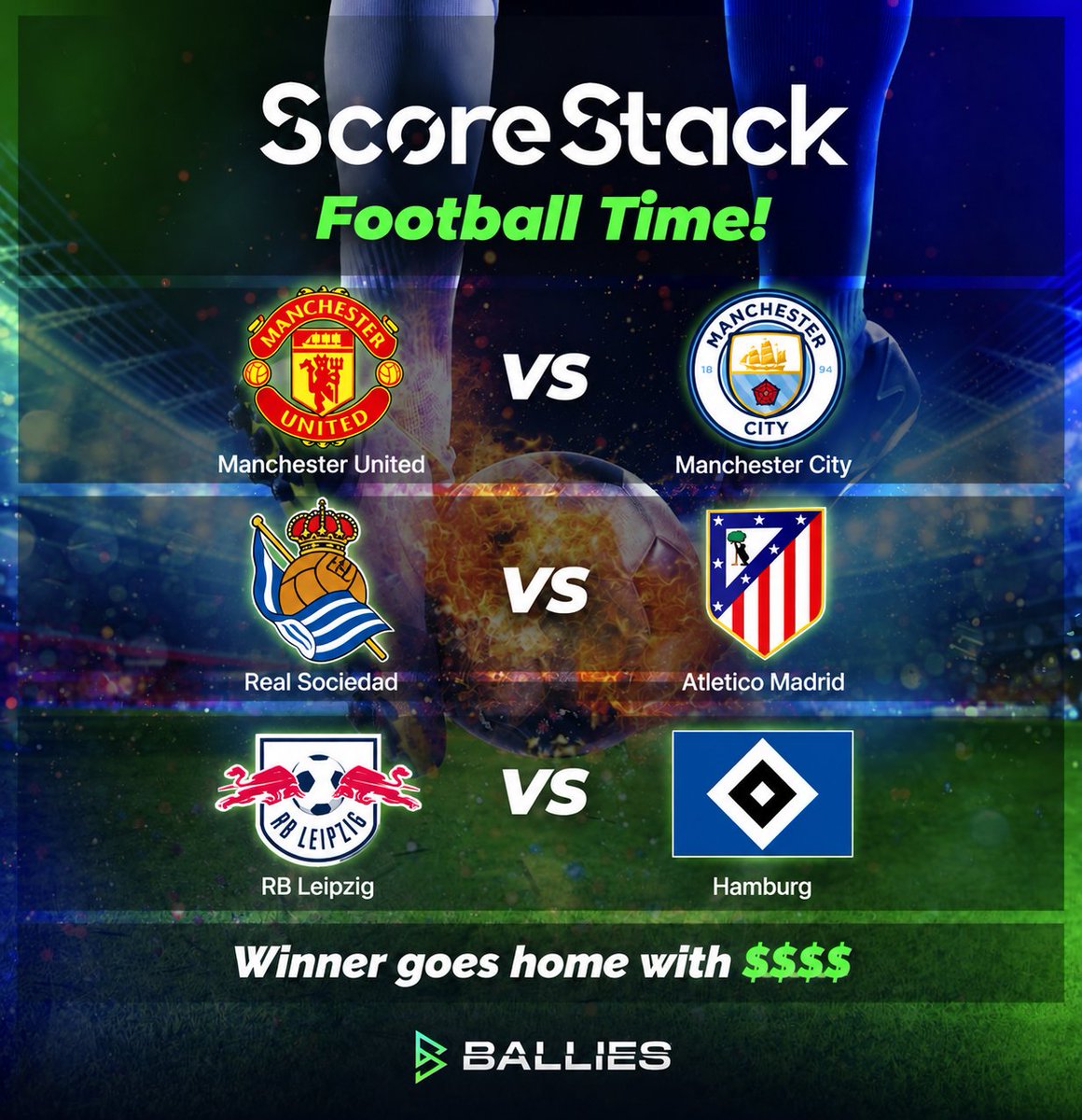 BalliesUniverse's tweet photo. It’s ScoreStack time! ⚽🔥

Pick the exact score of all 3 games:

🏴󠁧󠁢󠁥󠁮󠁧󠁿Manchester United vs Manchester City
🇪🇸 Real Sociedad vs Atlético Madrid
🇩🇪 RB Leipzig vs Hamburg

How we pick the winner:
1. Most correct results
2. Most exact scores
3. Closest goal difference
4. Closest total goals

The closest overall prediction wins. 💸
Winner goes home with $10 in tokens.

Pick 3. Call the scores. Beat everyone.

Scorestack is also available on AI Ballies.