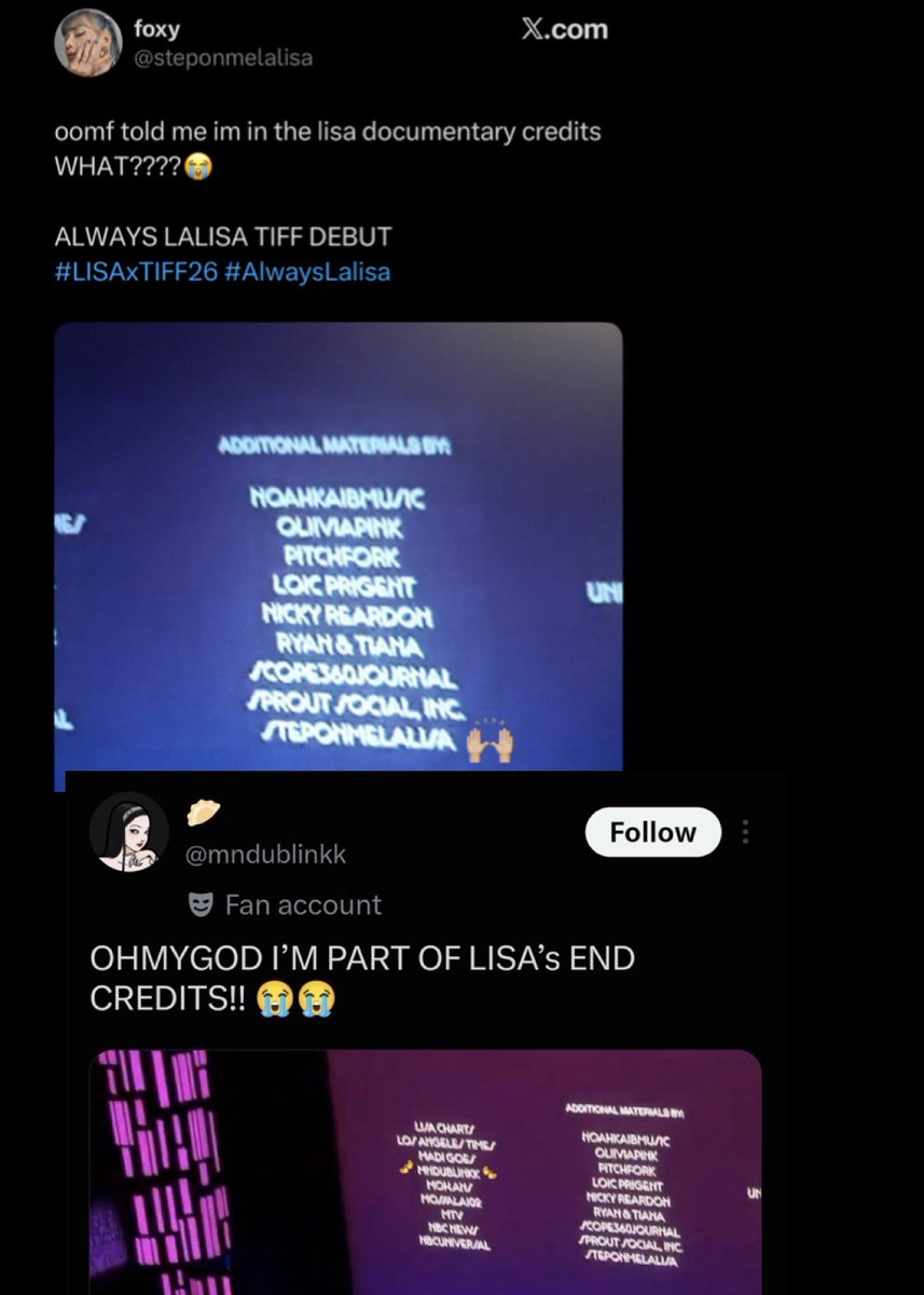 jmdiiordoll's tweet photo. BREAKING NEWS 🚨 BLACKPINK’s LISA has reportedly credited (X) accounts accused of repeatedly participating in fanwars and posting hateful comments about women’s in the end of her documentary. https://t.co/D8DS2WbCMH