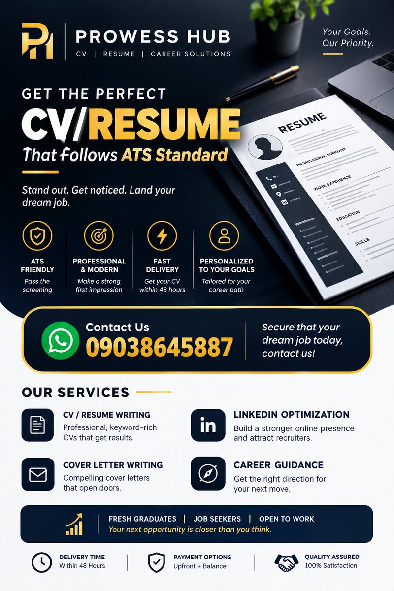 Prowess_Hub's tweet photo. *PROWESS HUB*
*"Crafting Career, Building Futures."*

Get the Perfect CV/Resume

That Follows ATS Standards

A professionally crafted CV/Resume tailored to help you secure your dream job!

Contact Us Today:
📞 09038645887

🛜 https://t.co/U1rq2yPQhm

Your Success Starts Here!!! https://t.co/Z99hnwqOAG