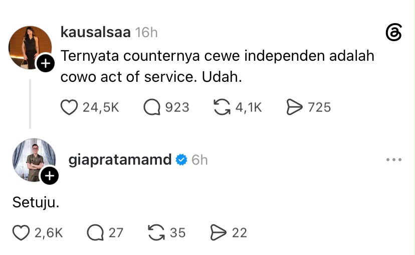 LambeSahamjja's tweet photo. dr gia setuju bahwa:
- cewek independen itu lawannya atau pasangannya yang pas adalah cowok tipe act of service https://t.co/I8XlQCv2aQ