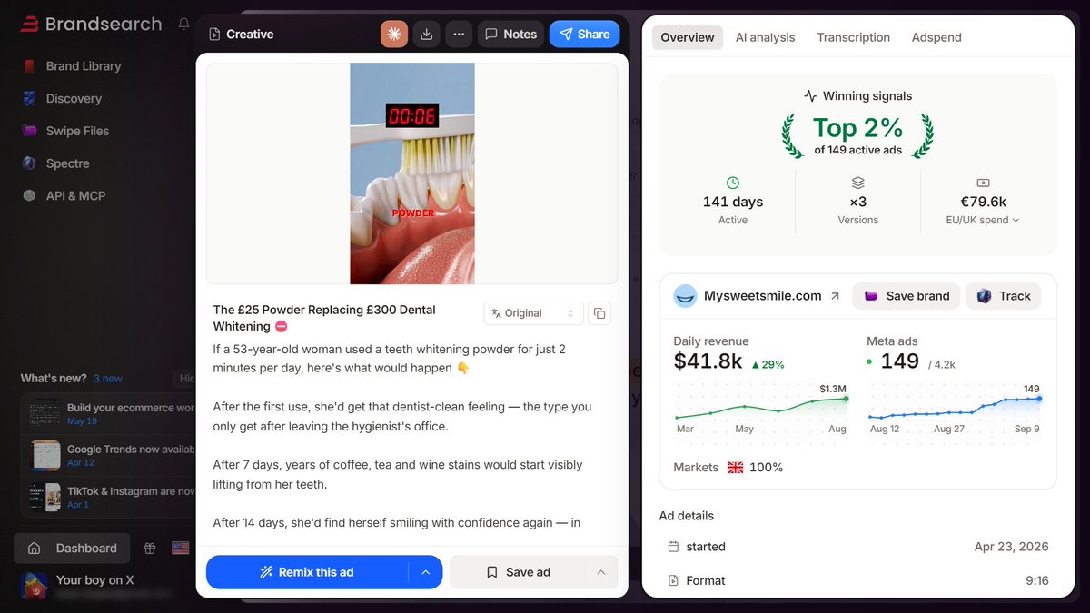 Outscaler's tweet photo. this video climbed from #36 on Apr 30 to #2 out of 4.2k ads for My Sweet Smile, a $23k+/day teeth whitening brand

its headline: "The £25 Powder Replacing £300 Dental Whitening"

€79.6k EU/UK spend · 3 versions

found it on Brandsearch by filtering for demonstration hooks

ad: https://t.co/J8cEdY4ROE