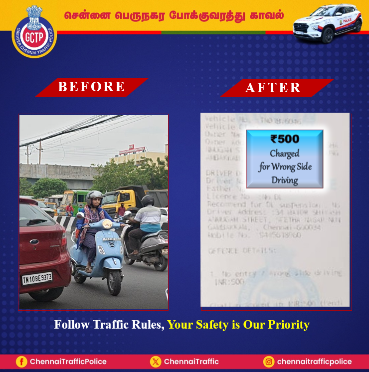 ChennaiTraffic's tweet photo. @iam_vimal12 Your tweet was verified and action taken. 
#WrongSideDriving #TrafficSignal #helmet #NoHonking #DoNotDrinkAndDrive #NeverOffDuty #InPublicService #YourSafetyOurPriority https://t.co/cBNgtYxLKZ