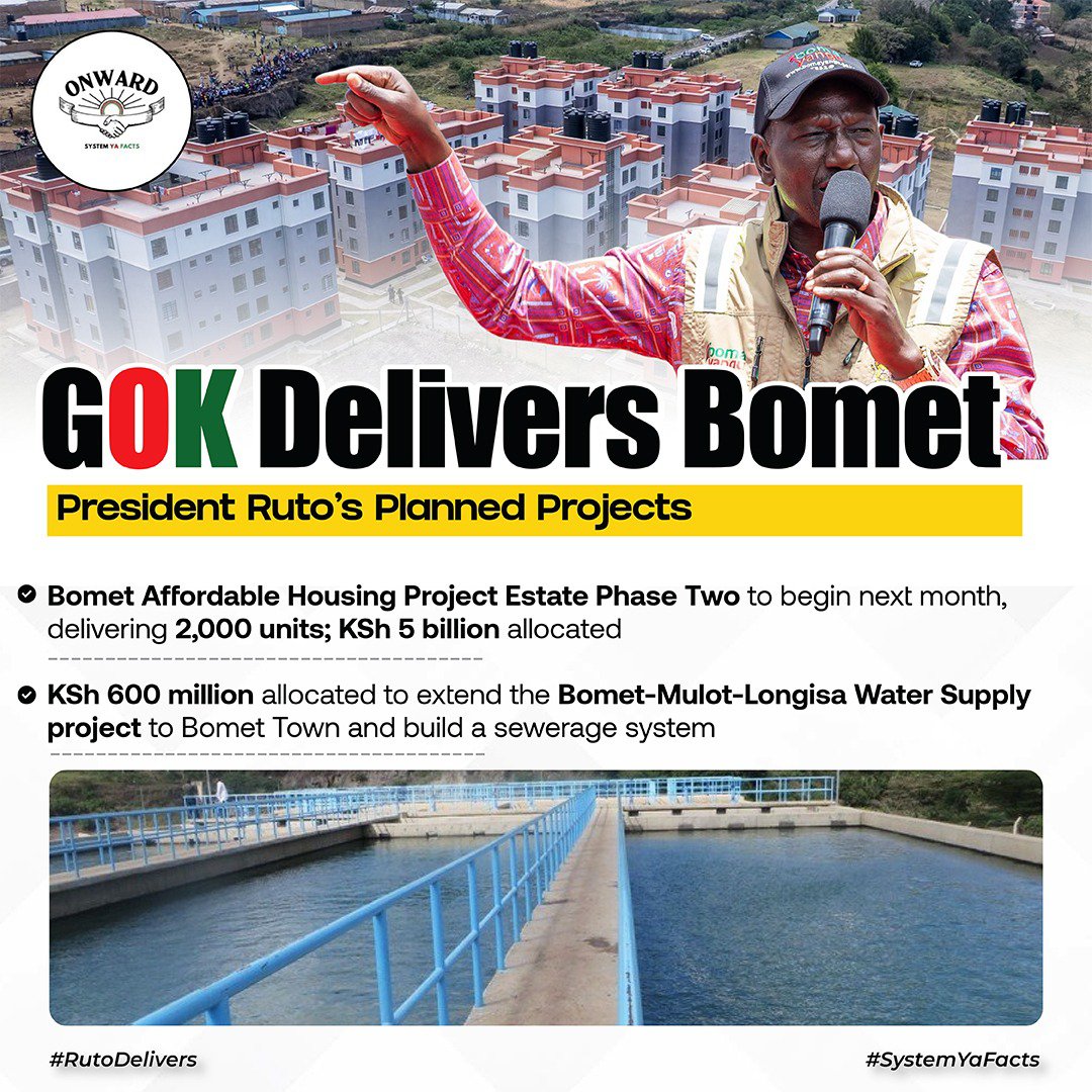 RutoNorthernKE's tweet photo. Bomet is steadily emerging as a major beneficiary of the Kenya Kwanza development agenda.
The KSh5 billion Affordable Housing Phase II will deliver 2,000 additional units.
#GOKDeliversBomet https://t.co/L7K0iHNh4X
