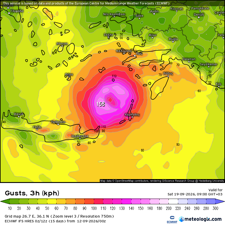 hawaeather's tweet photo. 🌀 Akdeniz’de Medicane sinyali! ECMWF’de sıcak çekirdek gelişimi ve kompakt siklon yapısı dikkat çekiyor.

Daha önce uzun vadede riskine dikkat çekerek yakından izlenmesi gerektiğini vurguladığım tropikal benzeri Akdeniz siklonu (TLC/Medicane) senaryosu, ECMWF’nin bu sabahki 12 Eylül 00Z çıktısında belirgin yapısal işaretler veriyor.

Model, 19 Eylül sabahı için Girit–Rodos arasında, ülkemizin Güney Ege ve Batı Akdeniz kıyılarının açıklarında organize bir siklon öngörüyor.

📉 Yaklaşık 983 hPa merkez basıncı, merkeze doğru sıklaşan kapalı izobarlar ve görece simetrik bir basınç alanı…

💨 Daha sakin bir merkezin çevresinde halka biçiminde yoğunlaşan kuvvetli rüzgârlar…

🌡️ 500 ve 700 hPa’da siklon merkeziyle örtüşen, çevresine göre daha sıcak alanlar…

Bu özelliklerin aynı merkez çevresinde birleşmesi, sıcak çekirdek gelişimi ve tropikal özellik kazanımı açısından dikkat çekici. “Sıcak çekirdek”, merkezin aynı seviyedeki çevre atmosfere göre daha sıcak olmasıdır; sıcaklığın sıfırın üzerinde olması gerekmez.

Medicane gelişiminde denizden ısı ve nem aktarımı, konveksiyon sırasında açığa çıkan gizli ısı ve üst seviye dinamikleri birlikte rol oynayabilir. Bu nedenle sıcak çekirdeğin dikey derinliği, sürekliliği ve rüzgâr dolaşımı birlikte izlenmeli.

🌧️ Son çıktıda merkeze sarılan yoğun yağış bantları ve göz benzeri bir merkez görünümü de bulunuyor. Yağış dağılımı görece simetri özellikle basınç ve rüzgâr yapısında öne çıkıyor.

Model, açık denizde yer yer 158 km/saate ulaşan rüzgâr hamleleri hesaplamış. Bu sayı hamle değeridir; kıyılarımız için kesinleşmiş bir rüzgâr tahmini olarak okunmamalı.

Henüz +174 saatteki tek güncellemeyi değerlendiriyoruz. Güçlü yapısal sinyal, gerçekleşme olasılığını tek başına belirlemez. Oluşum, rota ve ülkemize etkisi için ensemble desteği ve sonraki çıktılardaki tutarlılık belirleyici olacak.

Güney Ege–Batı Akdeniz açıkları önümüzdeki günlerde yakından takip edilmeli.