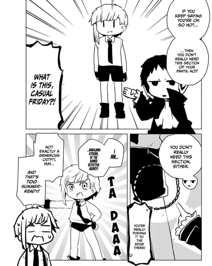 0megatsu's tweet photo. Atsushi gradually goes from wearing shorts to underwear to a thong thanks to Akutagawa  Like ahhh okay ok Akutagawa u perv https://t.co/xcxyjbkaHT