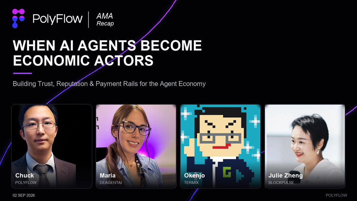 Polyflow_PayFi's tweet photo. AI agents are becoming economic actors—but autonomy alone isn’t enough.

Our AMA with @DeAgentAI , @termix_ai  &amp; @BlockPulse_Web3  explored trust, identity and payment rails for agents onchain.

Full recap ↓  
https://t.co/cXryNgG3xp

#AIAgents #PayFi #Web3 https://t.co/b26jWbXhxs