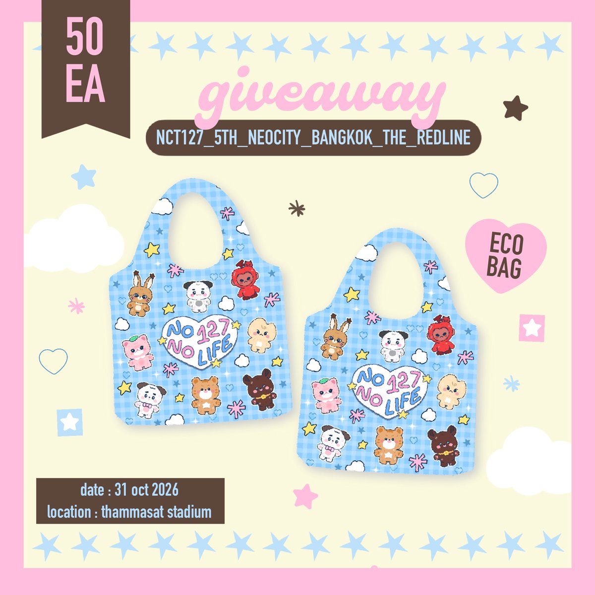 imissnnt's tweet photo. pls kindly rt ✨

🗯️ giveaway for #THE_REDLINE_BANGKOK 

⟢ eco bag 50 ea

loc : thammasat stadium 🏟️
date : 31 oct
time : tba 

‧₊˚ rt &amp; show this tweet 💘

#NCT127_5TH_NEOCITY_BANGKOK_THE_REDLINE https://t.co/DobjlrEbHV