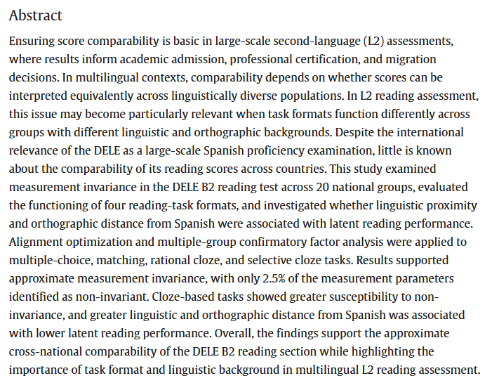 RMALJournal's tweet photo. New article: 
Elosua, P., Martínez, K., &amp; Soria, I. (2026). Cross-national comparability of reading task formats in the DELE B2 test. Research Methods in Applied Linguistics, 5(3), 100362: https://t.co/xFxFuvEI4v https://t.co/dCrtRoVGQ9