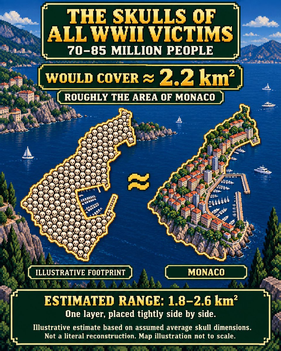 LulMail's tweet photo. 70–85 million lives lost in World War II. Each one a person, a family, a future.

Two illustrative comparisons attempt to make that unimaginable loss visible—from an area roughly the size of Monaco to a stack taller than Earth’s diameter. https://t.co/WlKdZDzGgn