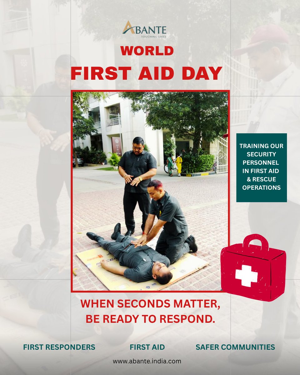 Abanteindia's tweet photo. This World First Aid Day, our Security Personnel were trained in First Aid and Rescue Operations, strengthening emergency preparedness and community safety. Because every second counts in an emergency.

#WorldFirstAidDay #CommunitySafety #Abante #TouchingLives https://t.co/UwsDeM7WKz