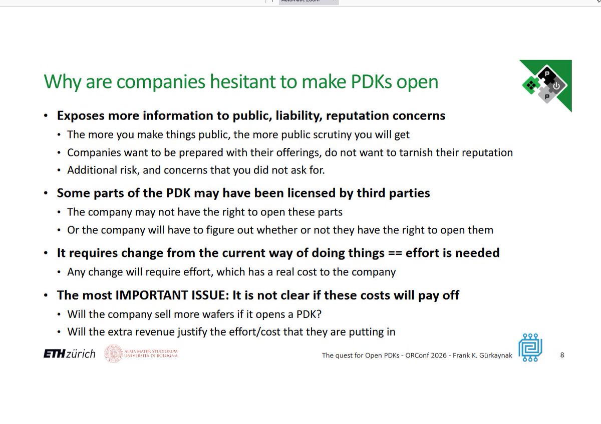 pulp_platform's tweet photo. Now we give you Frank with his #ORConf2026 talk "The quest for open PDKs". Check out his slides: https://t.co/OThQ6mfFI7 https://t.co/FNolreofkm