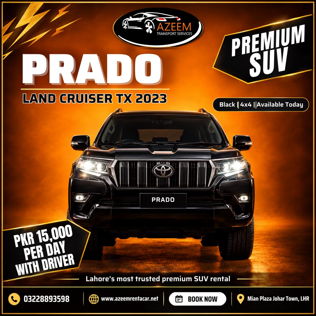 azeemrentacar02's tweet photo. 🖤 Toyota Land Cruiser Prado TX 2023 — Now Available for Rent in Lahore!

✅ PKR 15,000 / Day
✅ With Professional Driver
✅ Neat &amp; Clean | Hassle-Free Booking
📞 03228893598
📍 Johar Town, Lahore
Book your ride today 👇
🌐 https://t.co/eKoCEqrEbe
#CarRental #Lahore #PradoRental https://t.co/2XkZAqHlLS