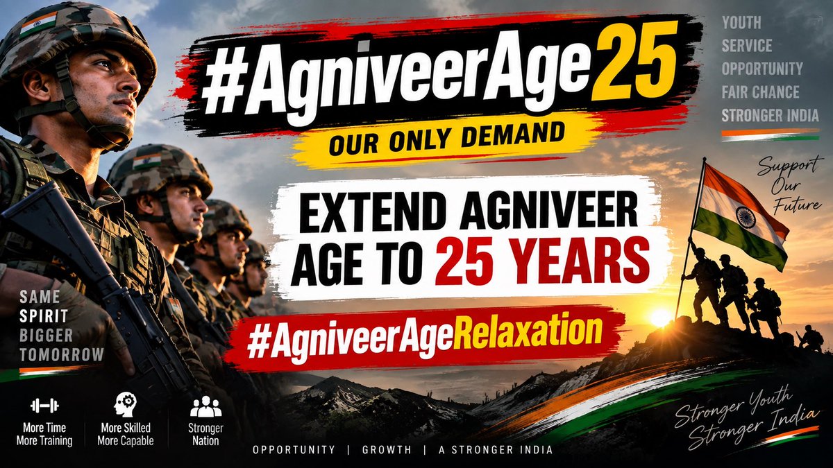 __Omkar_Thakur's tweet photo. 🇮🇳 One Demand, One Voice — Agniveer Age 25!

🙏 We request the authorities to consider Agniveer Age Relaxation up to 25 years.

Our only demand: AGNIVEER AGE 25

#AgniveerAge25 #AgniveerAgeRelaxation #Agniveer #IndianArmy #DefenceAspirants #AgeRelaxation https://t.co/63uFRzbazP